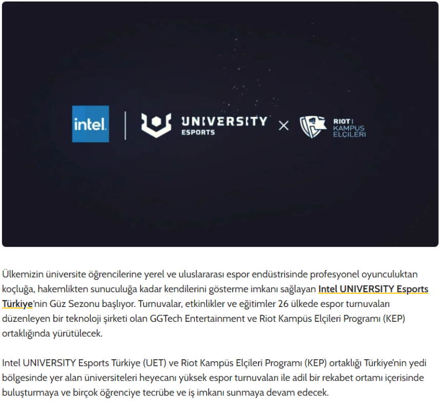 Intel University Esports Kasım 2022 PR